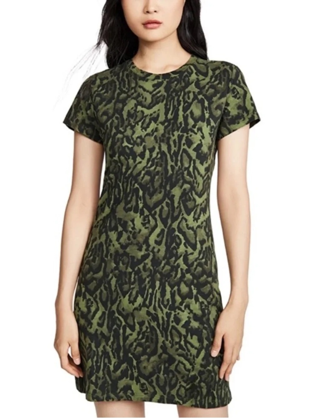 Pam & Gela Cotton Ocelot Tee Dress in Green Seaweed Animal Print Medium Like New